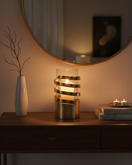 Amreli Small Vertical Textured Gold Metal Hurricane Candle Holder