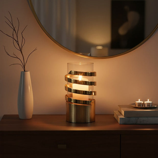 Amreli Small Vertical Textured Gold Metal Hurricane Candle Holder