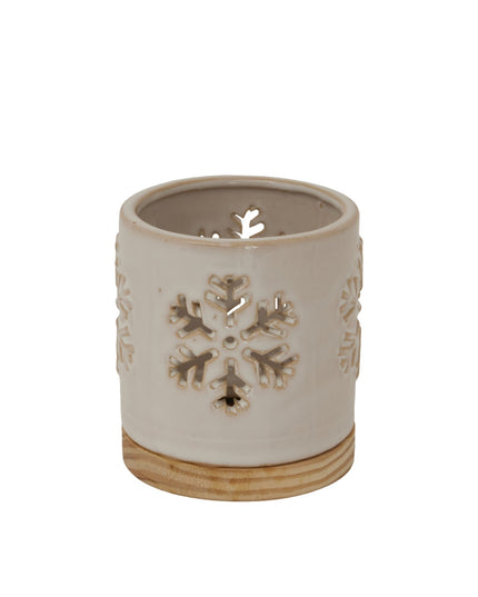 Alora Ceramic Snowflake Candle Holder On Wood Base