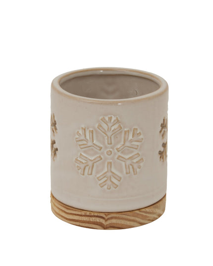 Alora Ceramic Snowflake Candle Holder On Wood Base