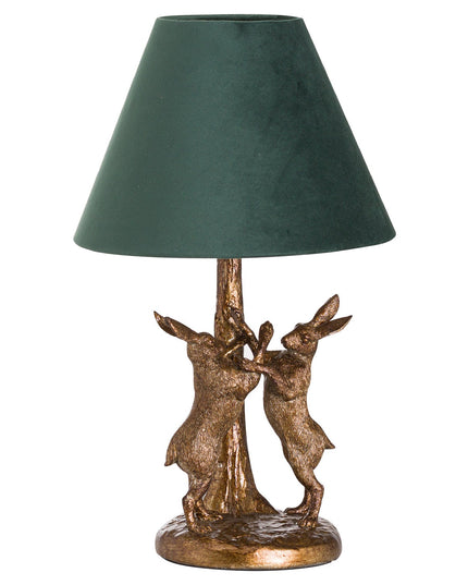 Antique Gold Marching Hares Lamp With Green Velvet Shade
