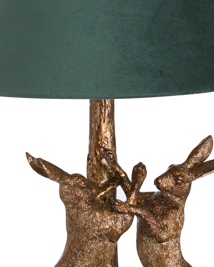 Antique Gold Marching Hares Lamp With Green Velvet Shade
