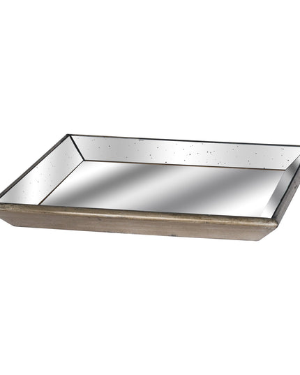 Astor Distressed Mirrored Square Tray W/Wooden Detailing Lge