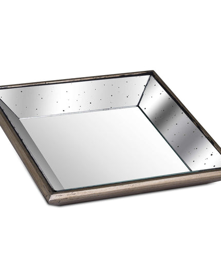 Astor Distressed Mirrored Square Tray W/Wooden Detailing Sml