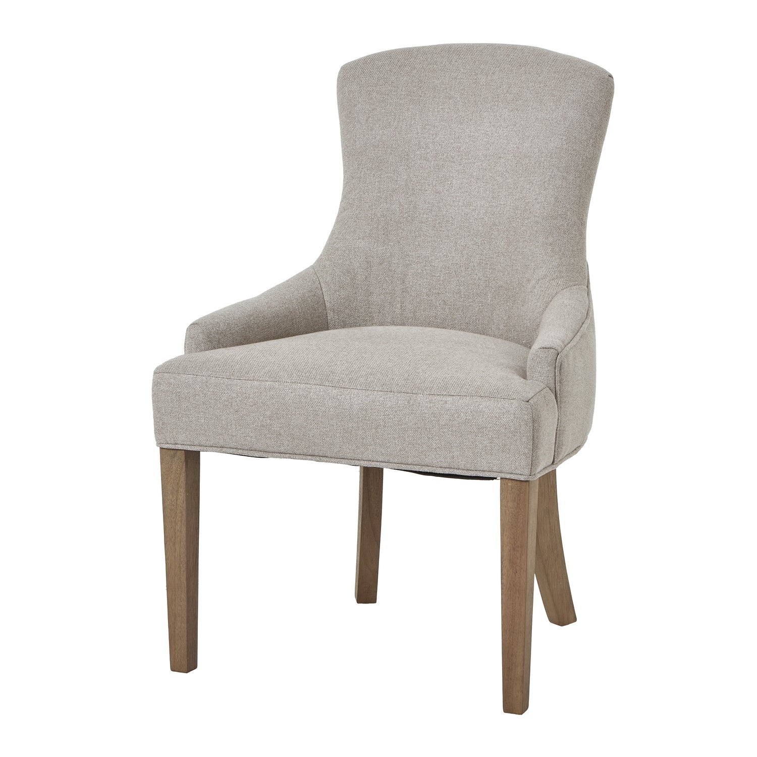 Organic Minimalism Dining Chair in twill upholstered neutral tones and solid wood legs.