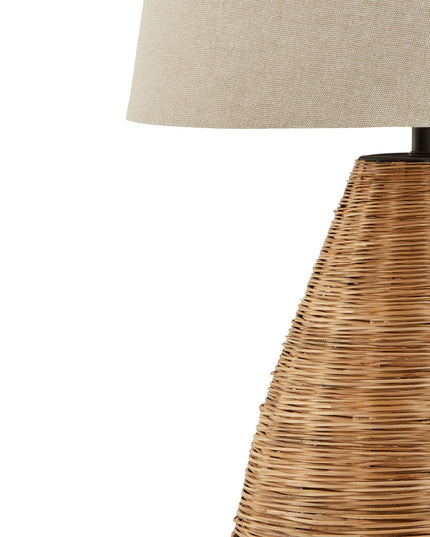 Conical Wicker Table Lamp With Linen Shade