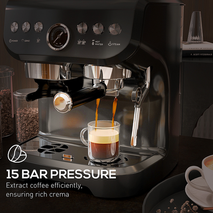Espresso Coffee Machine w/ Integrated Bean Grinder & Steam Wand 15 Bar Pressure