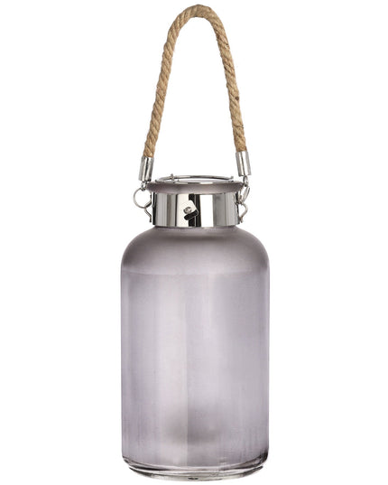 Frosted Grey Glass Lantern with Rope Detail and LED