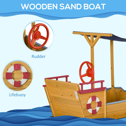Kids Wooden Sand Pit Sandbox Pirate Sandboat Outdoor w/ Canopy Shade