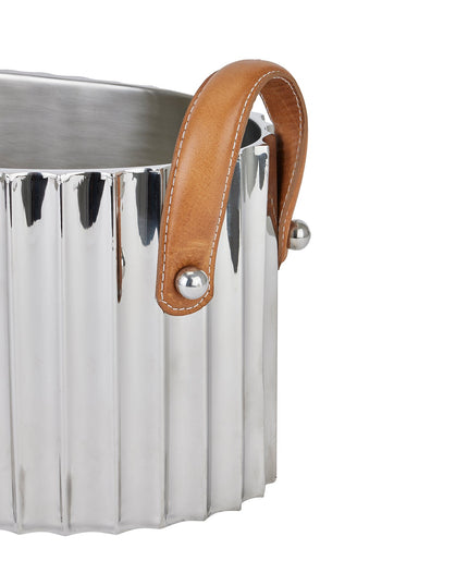 Large Silver Fluted Leather Handled Champagne Cooler