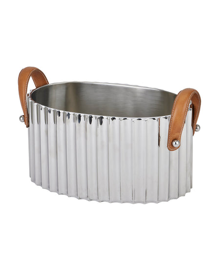 Large Silver Fluted Leather Handled Champagne Cooler