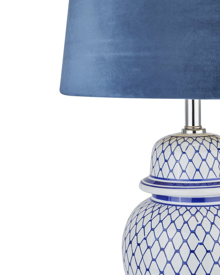 Malabar Blue And White Ceramic Lamp With Blue Velvet Shade