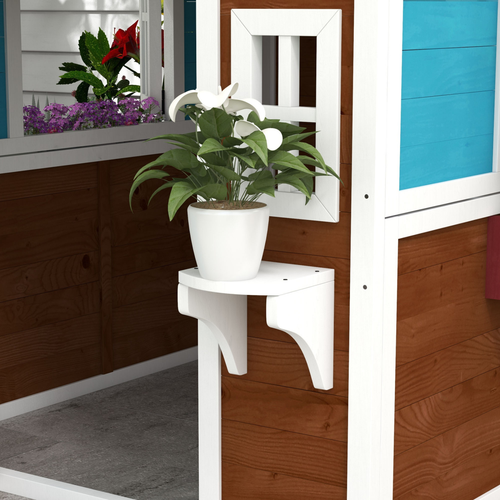 Outsunny Wooden Playhouse with Doors, Wooden, Plant Pots for Kids - Dark Brown