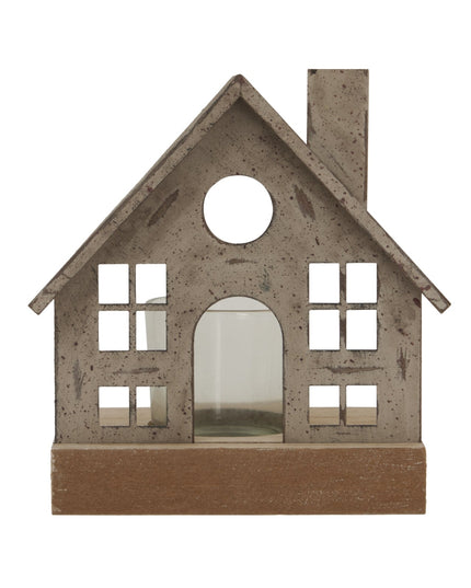 Rustic Metal House Tealight On Wood Stand With Glass Votive