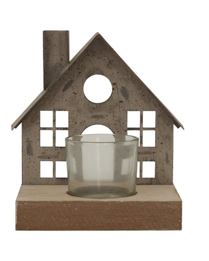 Rustic Metal House Tealight On Wood Stand With Glass Votive