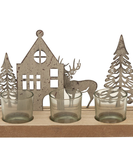 Rustic Metal Scene Tealight On Wood Stand With Glass Votives