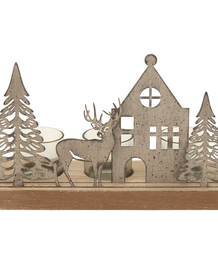 Rustic Metal Scene Tealight On Wood Stand With Glass Votives