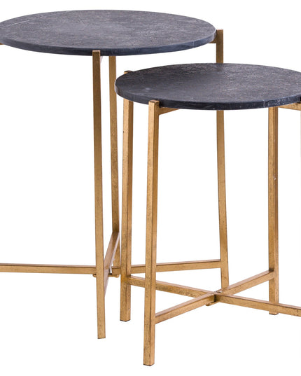 Set Of 2 Gold And Black Marble Tables