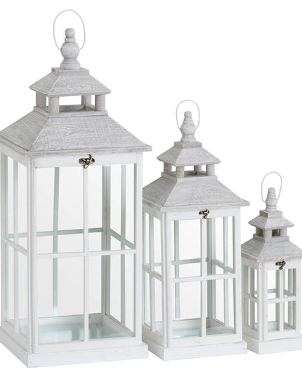 Set Of 3 White Window Style Lanterns With Open Top