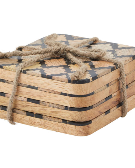 Set Of 4 Wood Effect Black Geometric Coasters