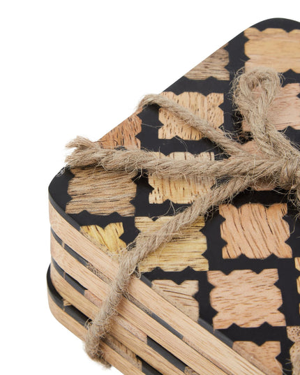 Set Of 4 Wood Effect Black Geometric Coasters