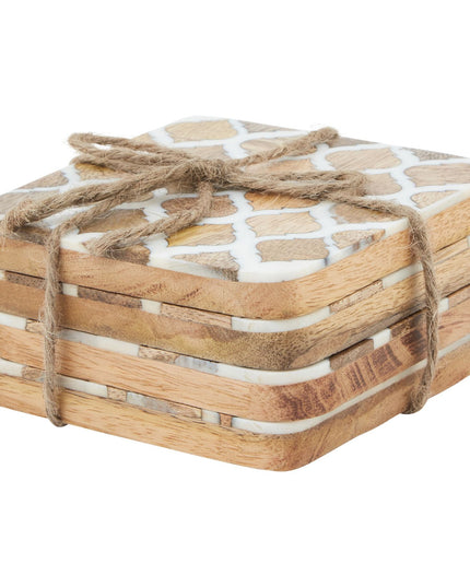 Set Of 4 Wood Effect White Geometric Coasters