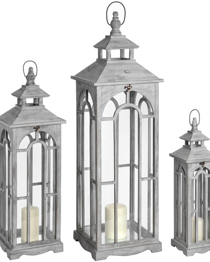 Set Of Three Wooden Lanterns With Archway Design