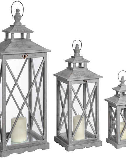 Set Of Three Wooden Lanterns With Traditional Cross Section