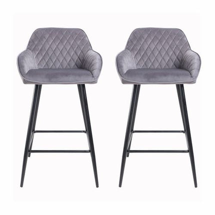Set of Two Cadiz Dark Grey Crushed Velvet Bar Stools with Black Metal Leg