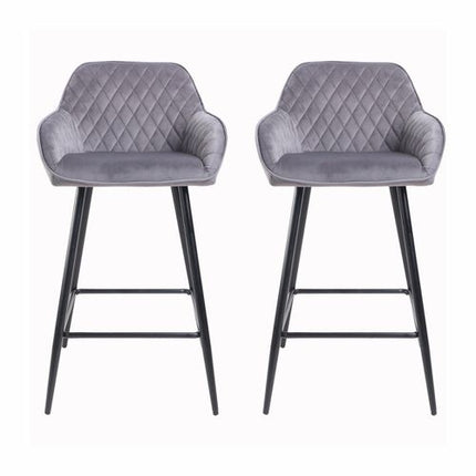 Set of Two Cadiz Dark Grey Crushed Velvet Bar Stools with Black Metal Leg