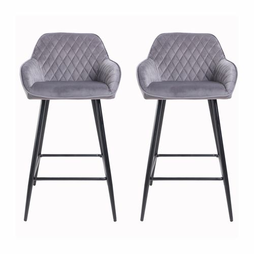 Set of Two Cadiz Dark Grey Crushed Velvet Bar Stools with Black Metal Leg