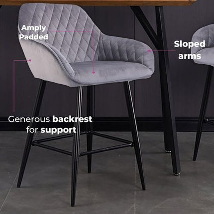 Set of Two Cadiz Dark Grey Crushed Velvet Bar Stools with Black Metal Leg
