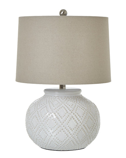 Squat White Beaded Ceramic Lamp With Linen Shade