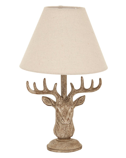 Stonewashed Stag Head Table Lamp With Linen Shade