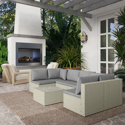 Outsunny 7 Pieces Rattan Garden Furniture Set with Cushions, Light Brown