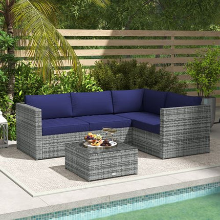 Outsunny 3Pcs Rattan Corner Sofa Set with Coffee Table, Cushion, Blue