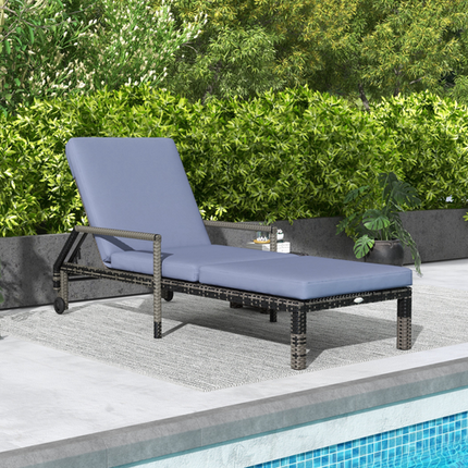 Mixed Grey Rattan Sun Lounger Garden Furniture w/ Adjustable Backrest & Wheels