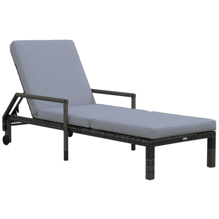 Mixed Grey Rattan Sun Lounger Garden Furniture w/ Adjustable Backrest & Wheels