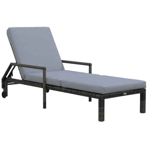Mixed Grey Rattan Sun Lounger Garden Furniture w/ Adjustable Backrest & Wheels