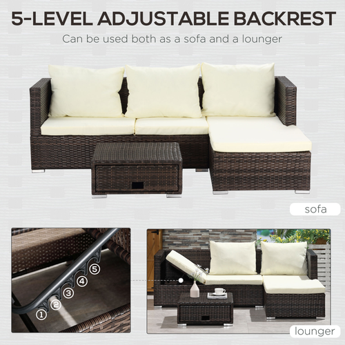 Rattan Garden Sofa Set Storage Table Wicker Patio Lounger 4-Seater Brow