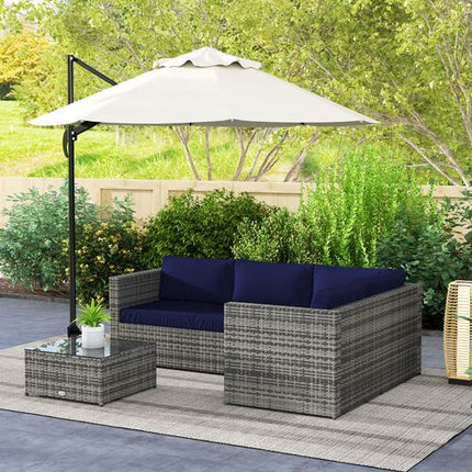 Outsunny 3Pcs Rattan Corner Sofa Set with Coffee Table, Cushion, Blue
