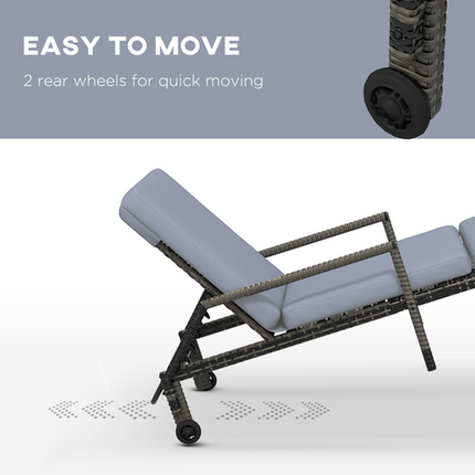 Mixed Grey Rattan Sun Lounger Garden Furniture w/ Adjustable Backrest & Wheels