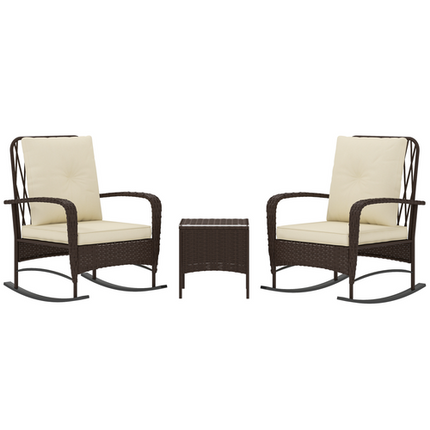 Outsunny Rattan Bistro Set Balcony Furniture with Rocking Chairs, Brown