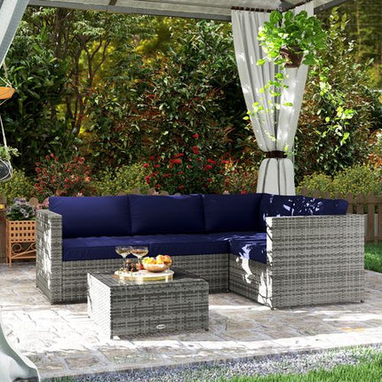 Outsunny 3Pcs Rattan Corner Sofa Set with Coffee Table, Cushion, Blue
