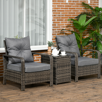 3 Piece PE Rattan Garden Sofa Set w/ 2 Chairs & Storage Table Grey Outsunny