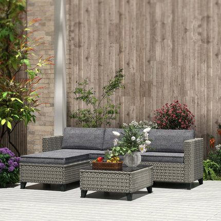 Outsunny 5 PCs Rattan Garden Furniture Set with Glass Coffee Table Dark Grey