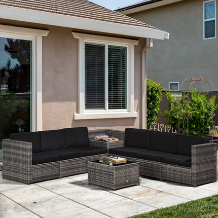Outsunny 6-Seater Rattan Sofa Furniture Set W/ Cushions, Steel Frame-Grey