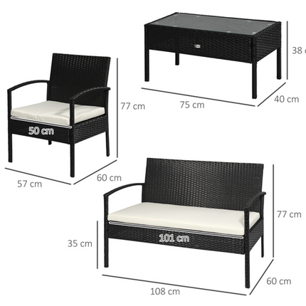 4-Seater Rattan Garden Furniture Set Black Cream Outdoor Patio Bistro