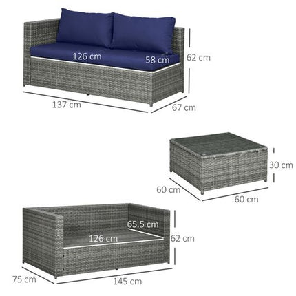 Outsunny 3Pcs Rattan Corner Sofa Set with Coffee Table, Cushion, Blue