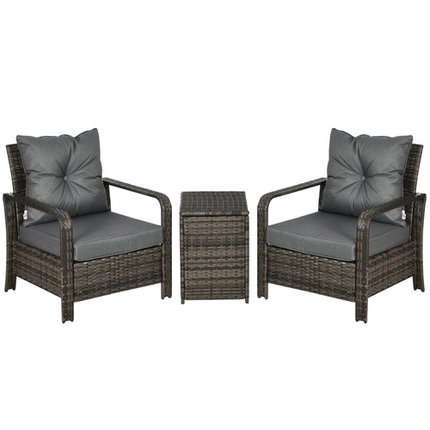 3 Piece PE Rattan Garden Sofa Set w/ 2 Chairs & Storage Table Grey Outsunny